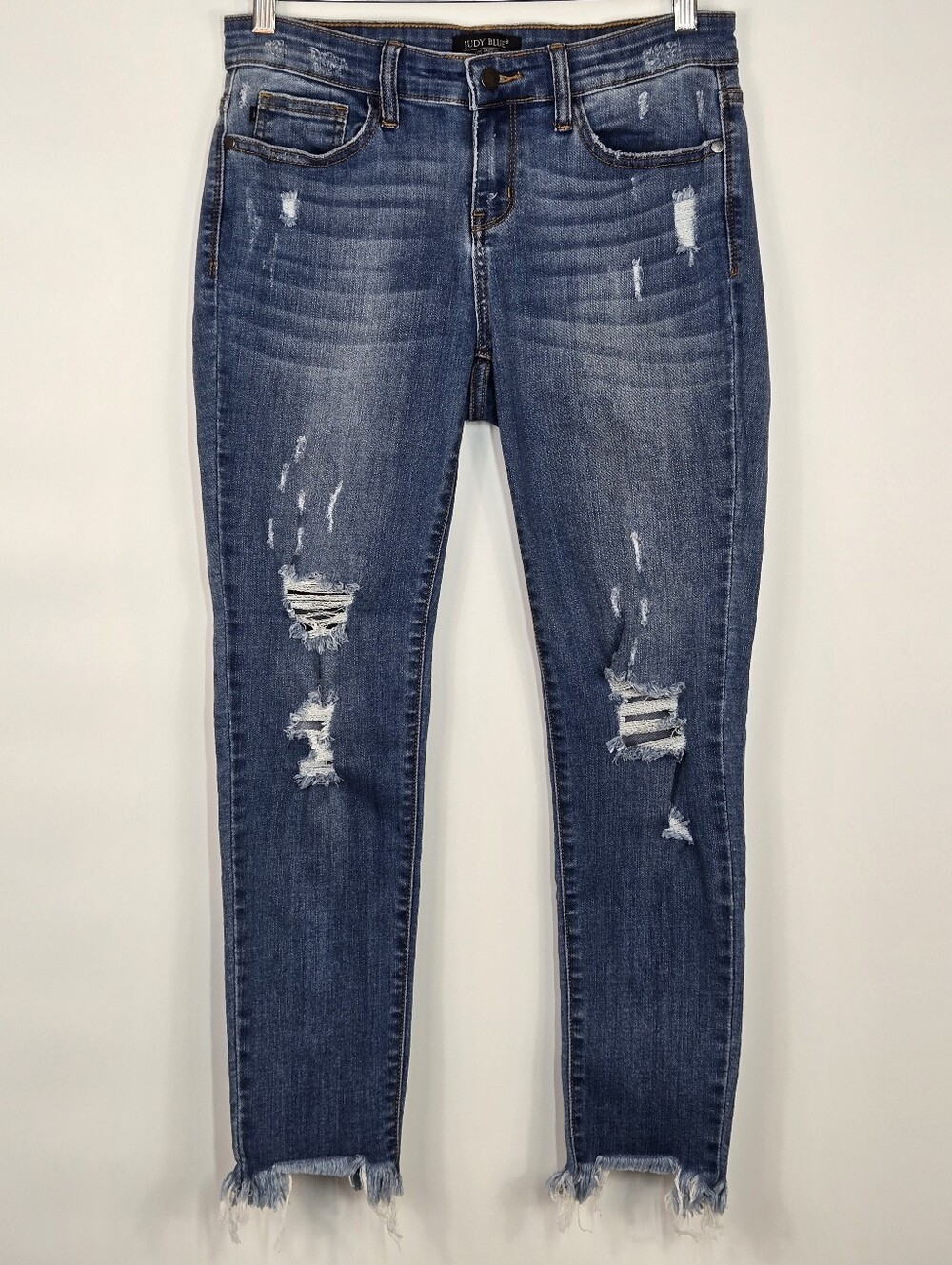 Judy Blue Straight Fit Jeans Ankle Length Distressed Chew Raw Hem Stretch 29 9